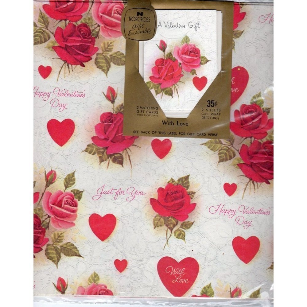 Vintage NORCROSS Valentine's Day Red Pink Rose Wrapping Paper Giftwrap UNOPENED